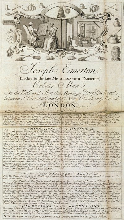 Trade sheet of Joseph Emerton, Colour Man. advertising supplies of materials for painters and artists by Unbekannt Unbekannt